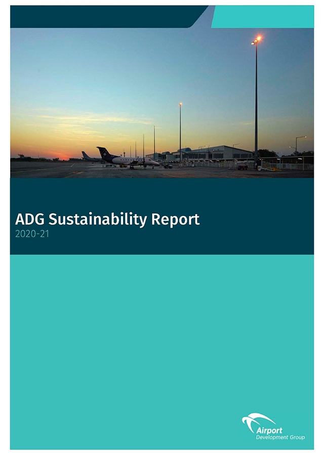 The cover of the adg sustainability report shows an airport with planes parked on the tarmac.