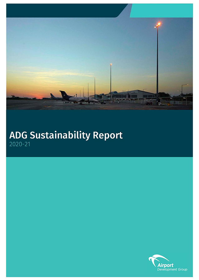 ADG Sustainability Report cover. Airport at dusk, teal and blue tones, planes, title text.