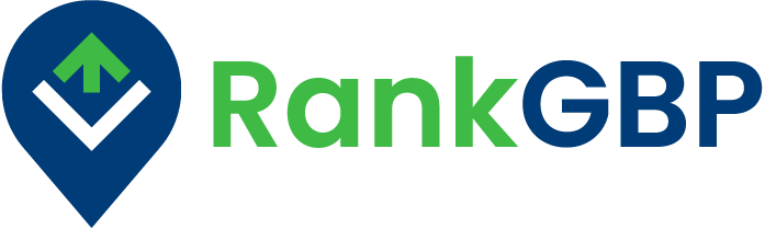 A blue and green logo for rank gbp with a green arrow pointing down.
