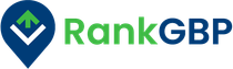A blue and green logo for rank gbp with a green arrow pointing down.