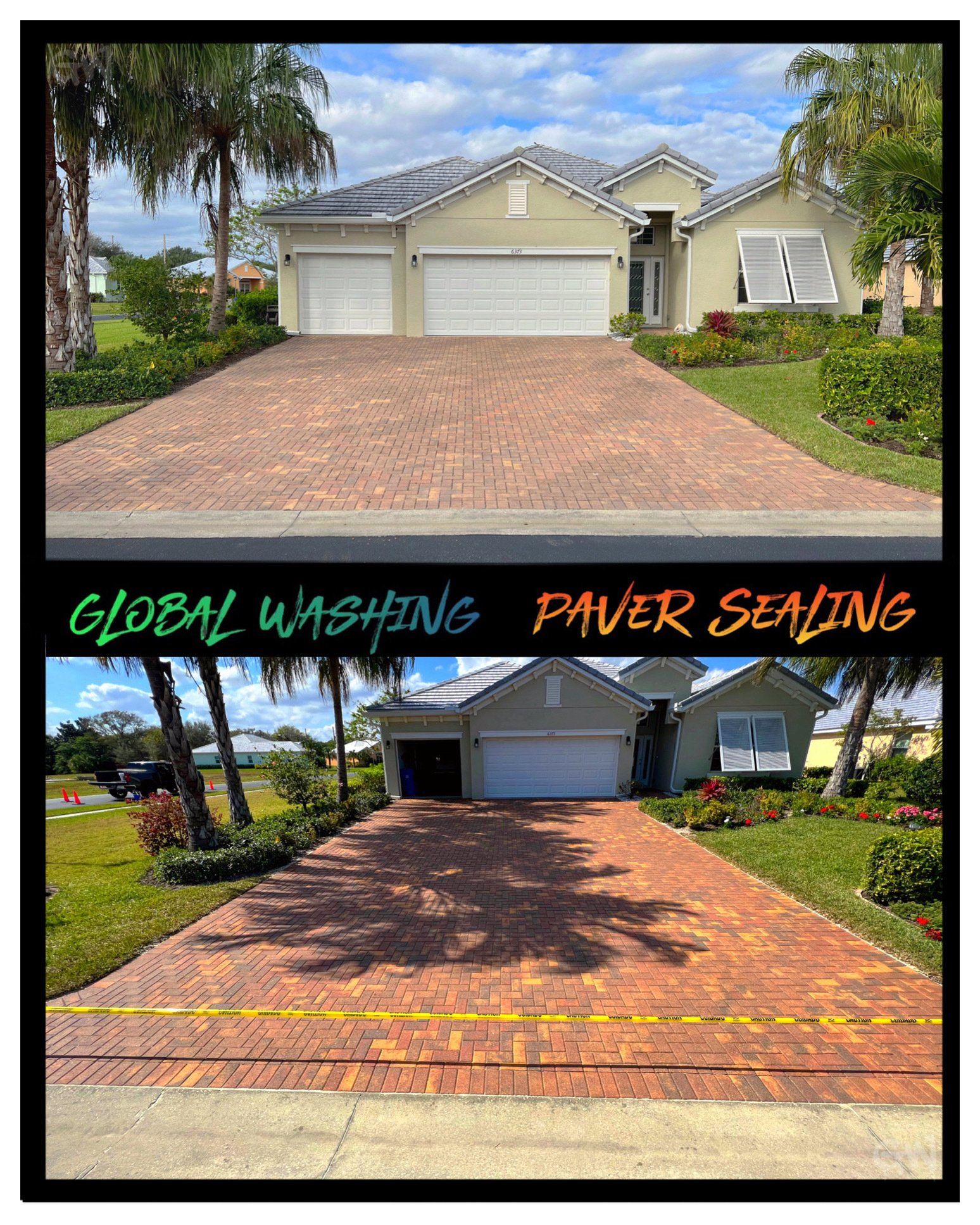 Image of a driveway cleaning service. You can see a dirty driveway that has bee cleaned by pressure washing.
