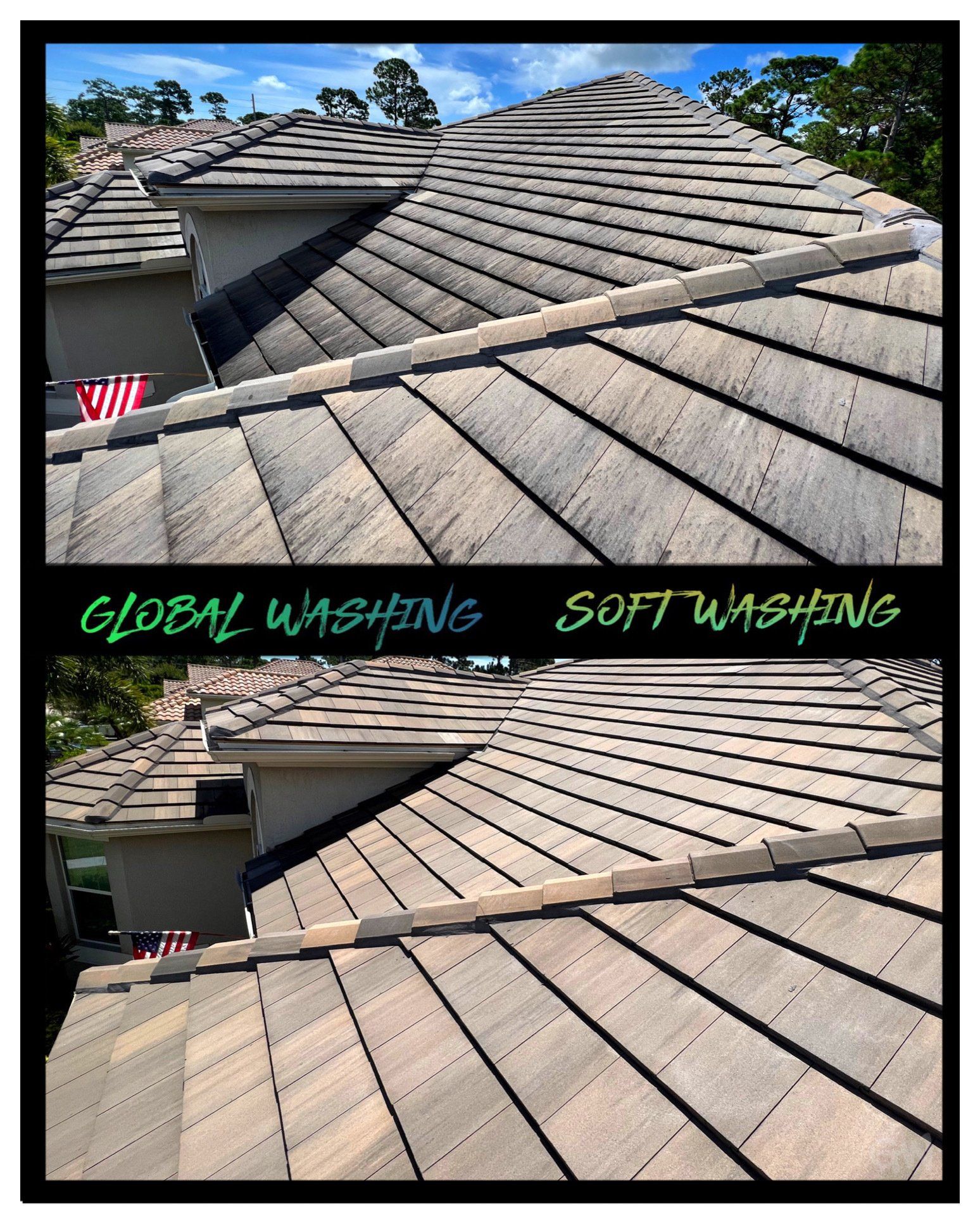 Image of a roof before and after cleaning. You can see the above image with a dirty roof and the below image with a clena roof.