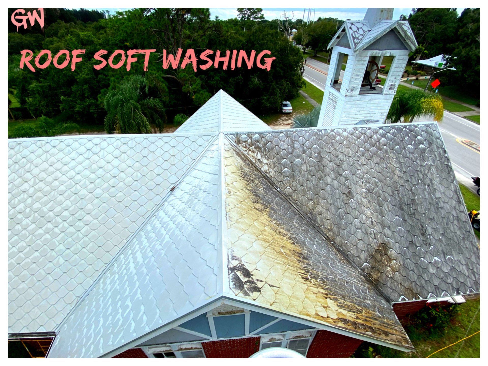 Image  showing the effects of a Roof Cleaning Service on  a metal roof.