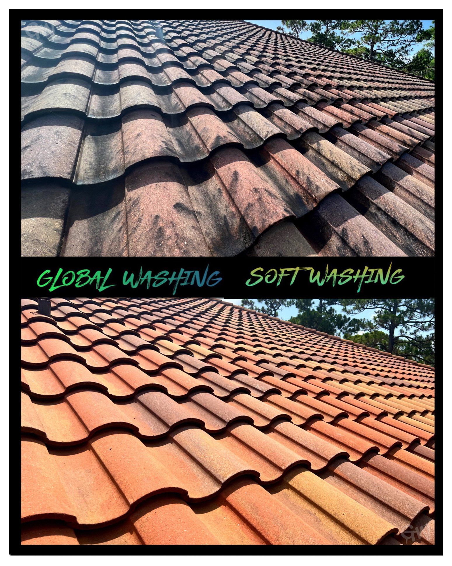 Picture of a tile roof before and aftera roof cleaning service. You can see a before image  of the tile roof with black streaks and aafter image  of a cleaned roof.