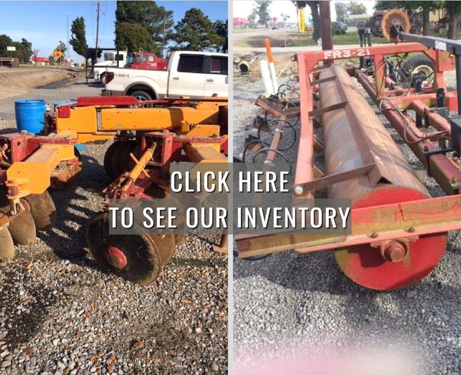 A split-screen view of farm equipment on a gravel lot with text overlay: 