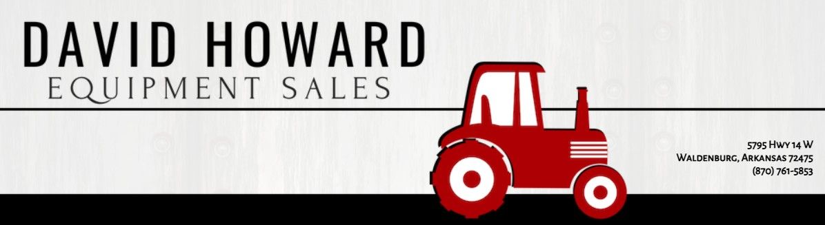 Logo for David Howard Equipment Sales, featuring text and a red tractor on a black and white background.