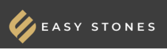Logo of Easy Stones, gold symbol on left, dark gray background, text