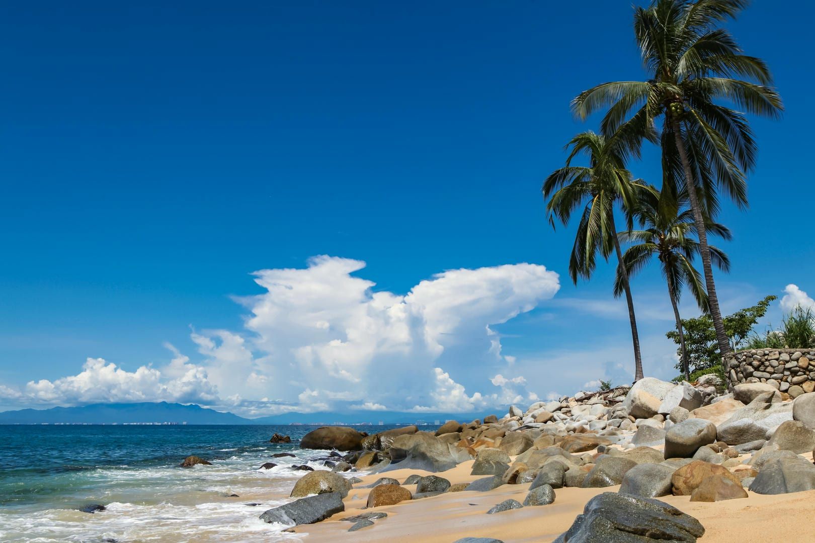 A tropical beach with palm trees and rocks on a sunny day.