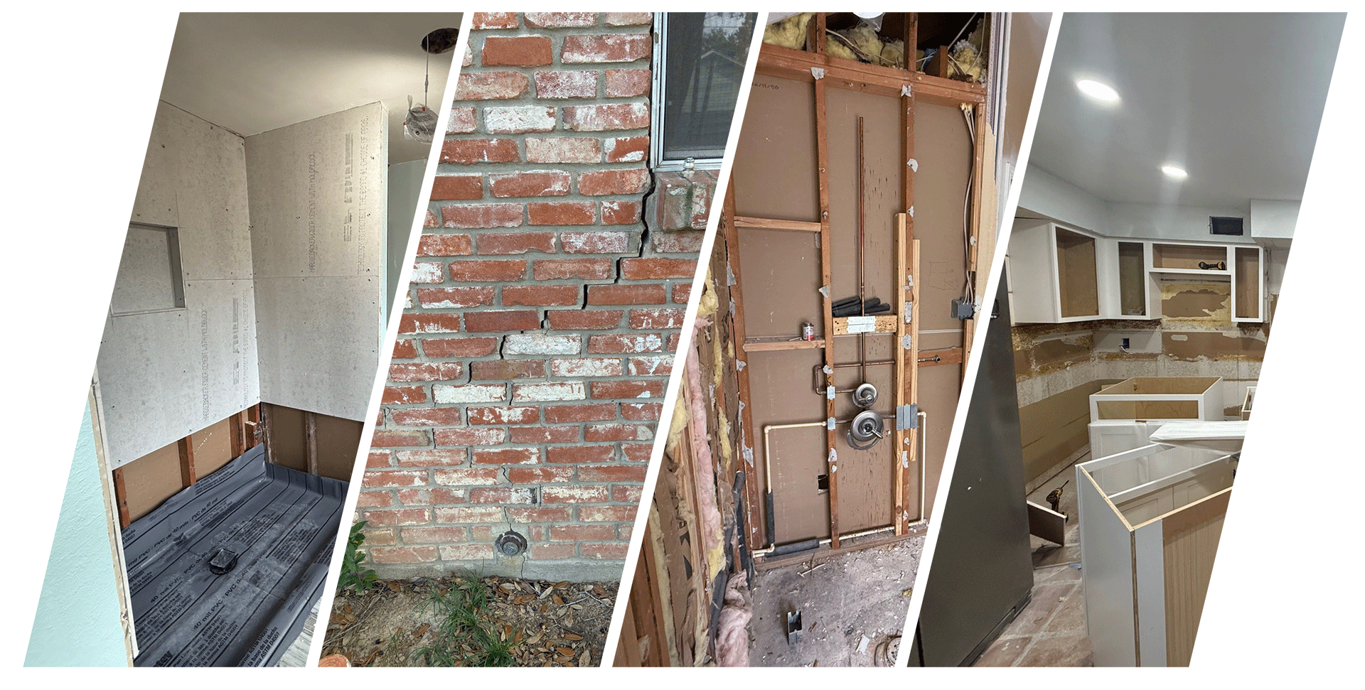 Damaged home interior and exterior: walls, brick, pipes, kitchen. Renovation in progress.