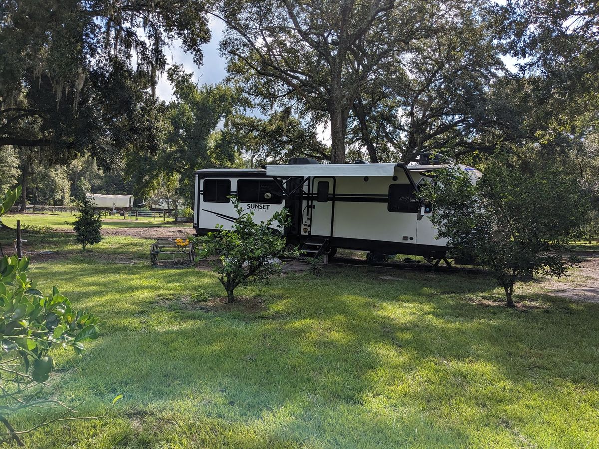 White and black RV parked on a grassy area, trees in the background under a cloudy sky.