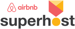 Airbnb Superhost logo with a stylized shield and circle icon.