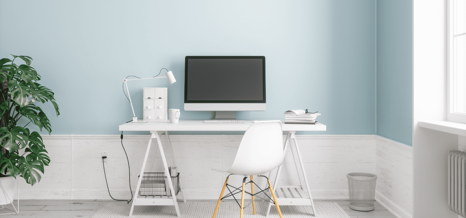 Blue and white modern home office setup