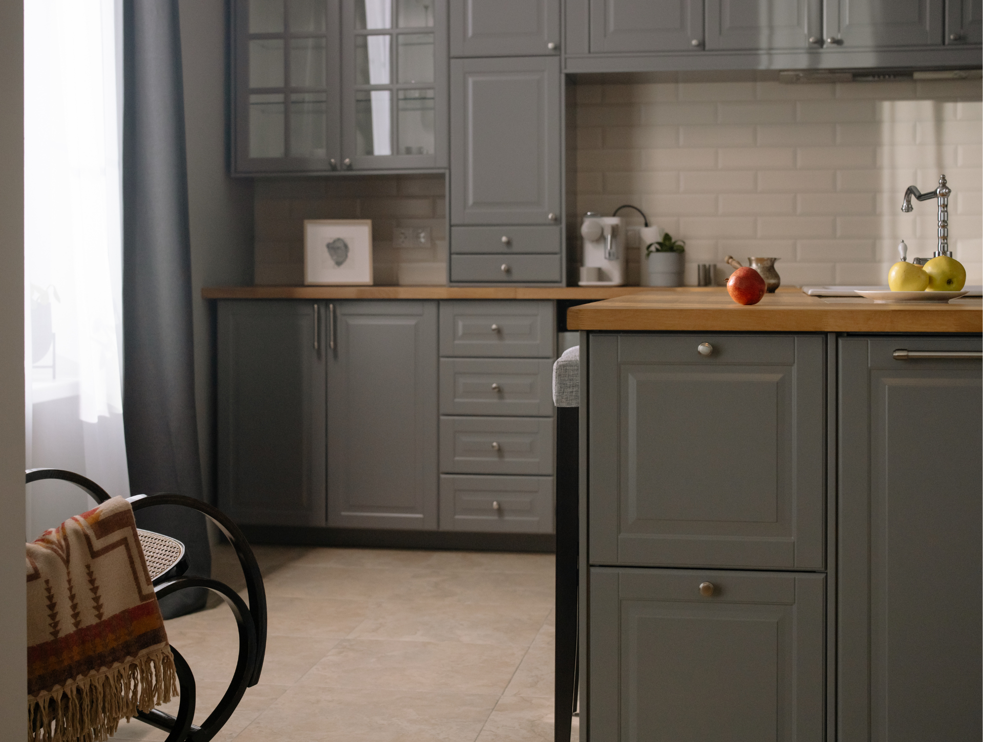Kitchen cabinets in Raleigh freshly painted grey