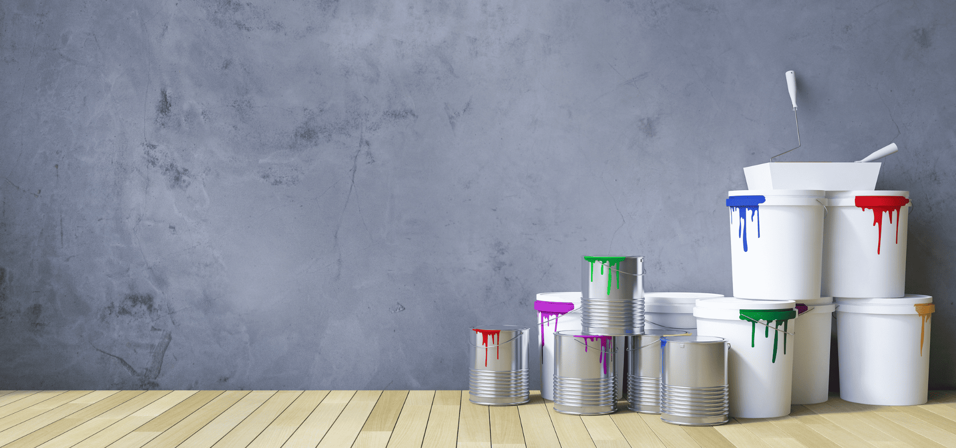 Leftover cans and buckets of paint after a completed house painting project