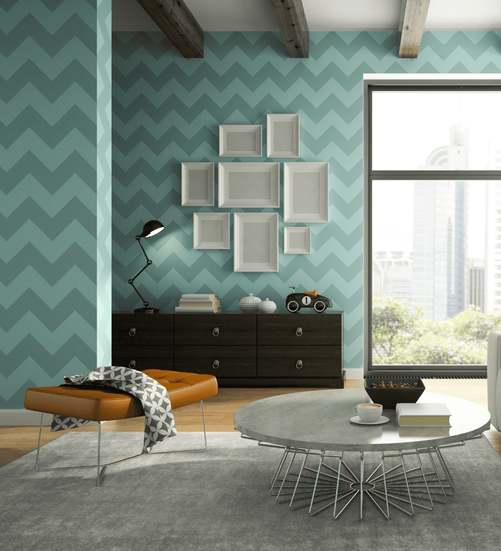 Green and blue wallpaper in a living room done by Renewed Walls Painting