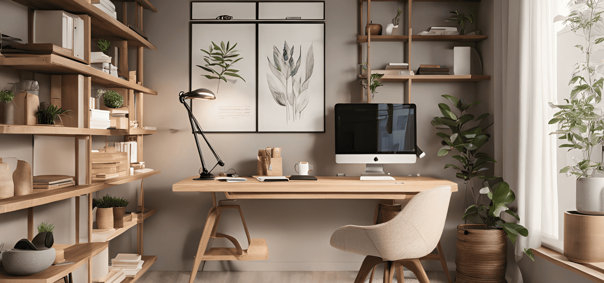 Brown-themed home office with a brown bookshelf, table, and chair