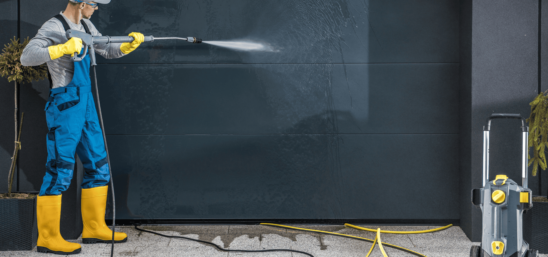 House painter from Renewed Walls Painting pressure washing a client's garage door