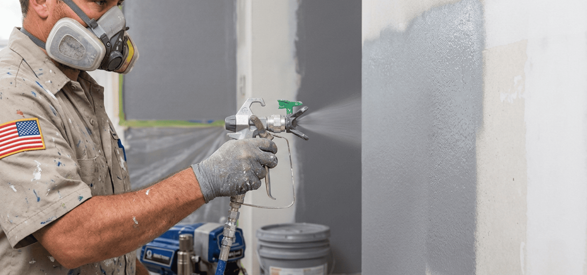 Professional painter spray painting gray paint