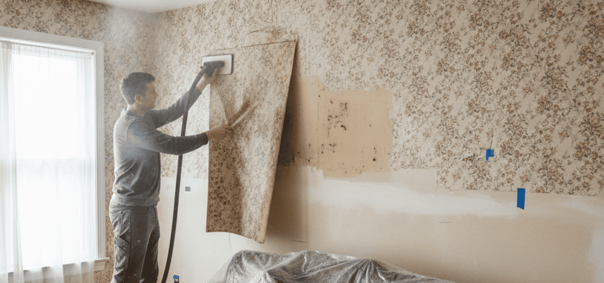 Professional house painter removing wallpaper from a house