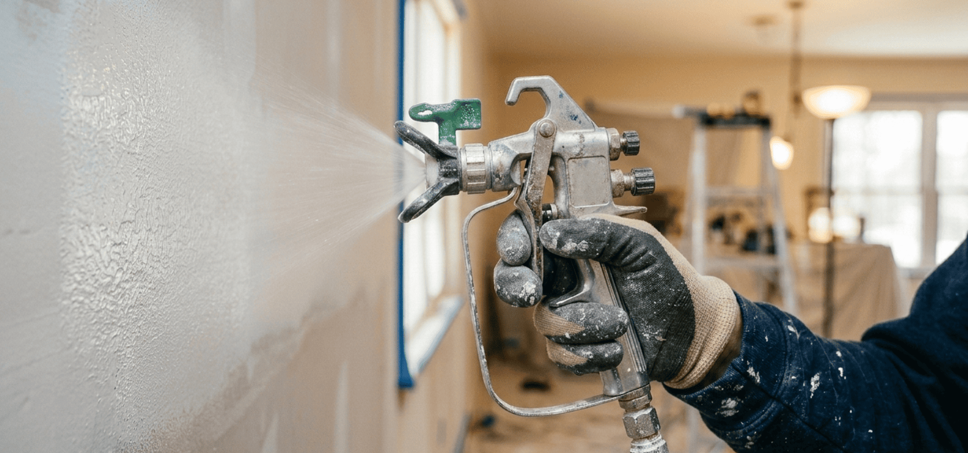 Professional painter using spray gun to spray paint on walls