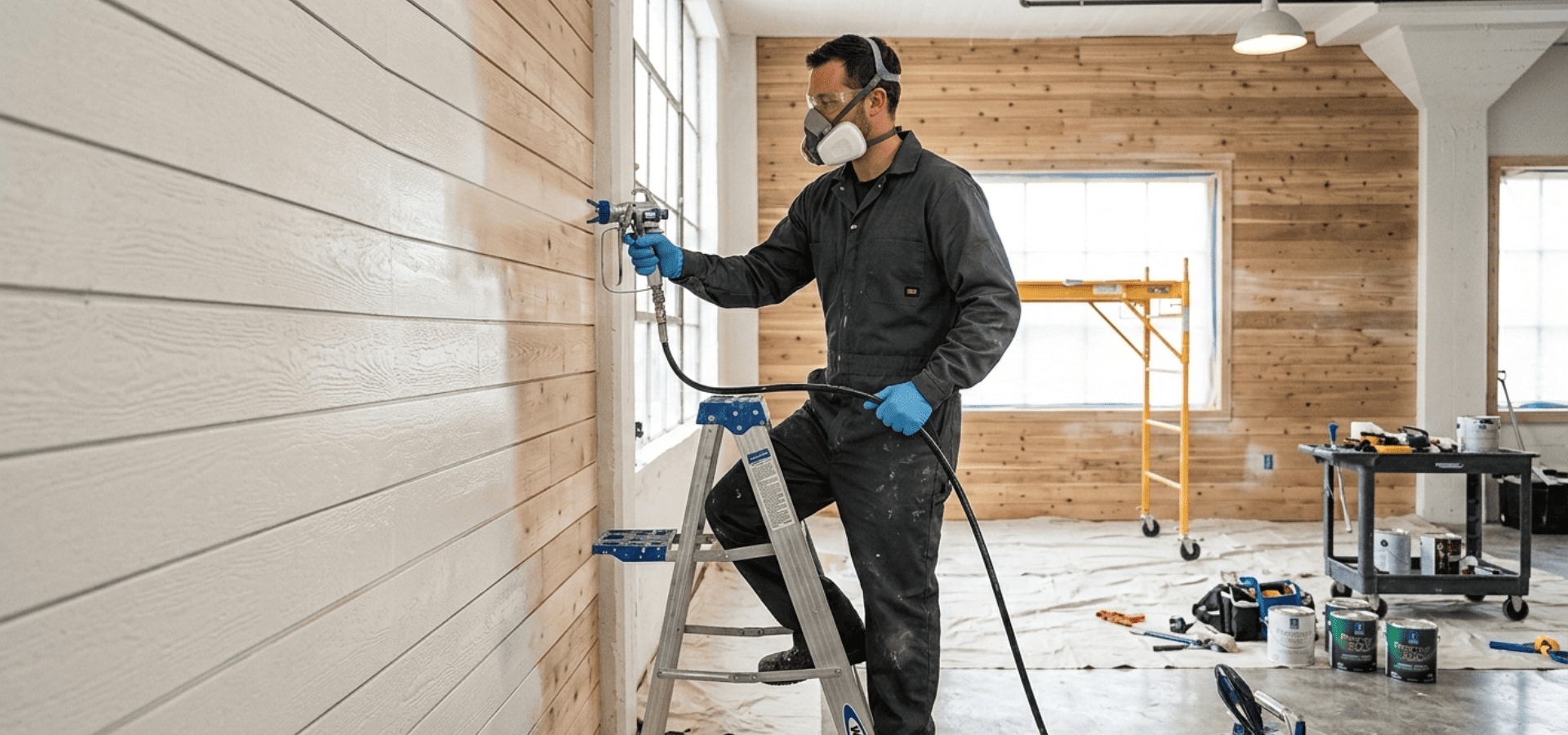 Spray painting white paint onto wooden walls