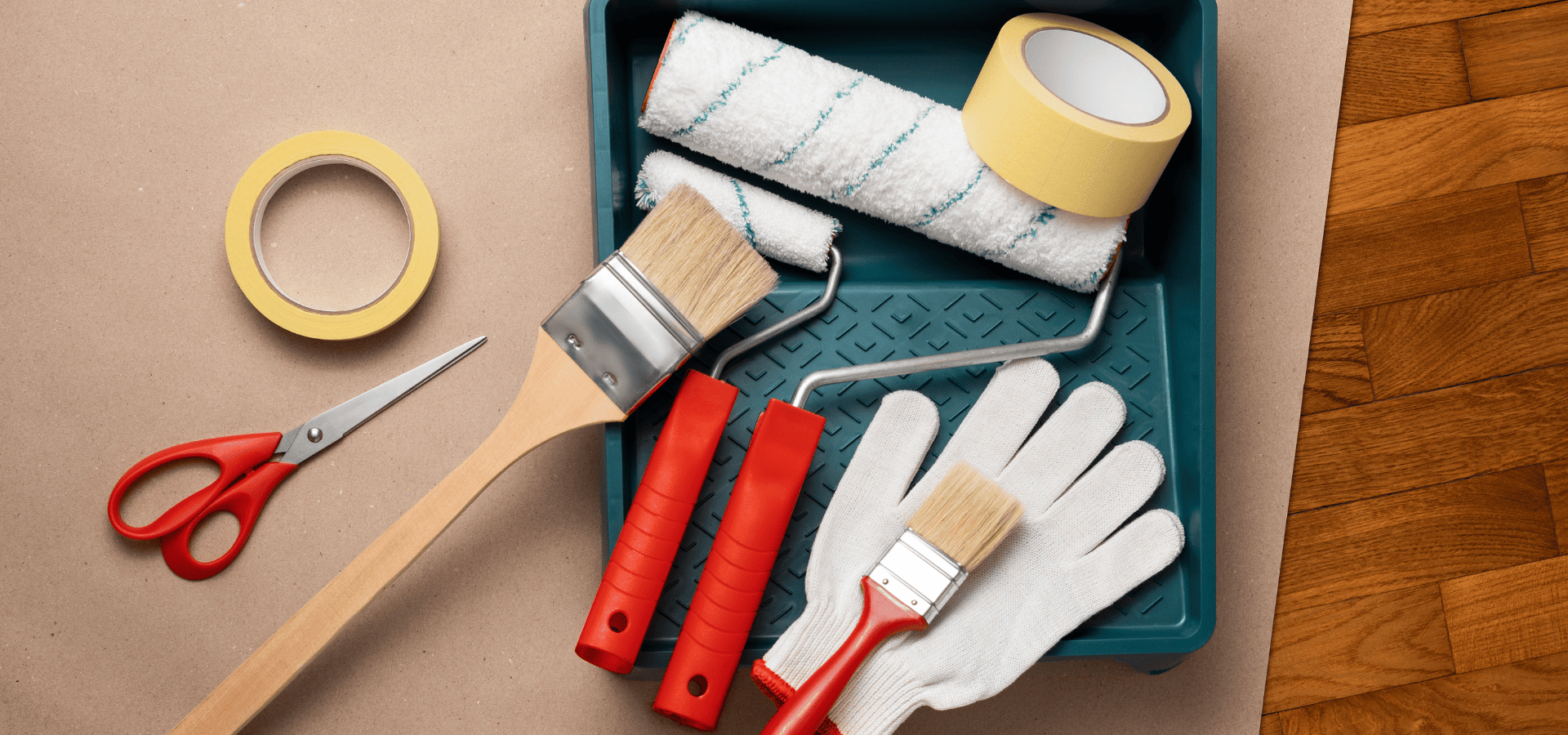 Tools and equipment for painting stairs. Mini roller, paintbrush, painter's tape, and more.