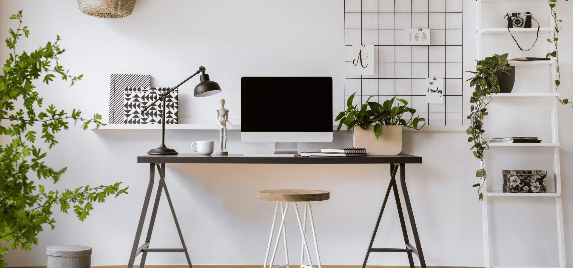 Clean white themed home office setup