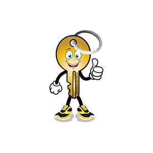 A cartoon key with arms and legs is giving a thumbs up.