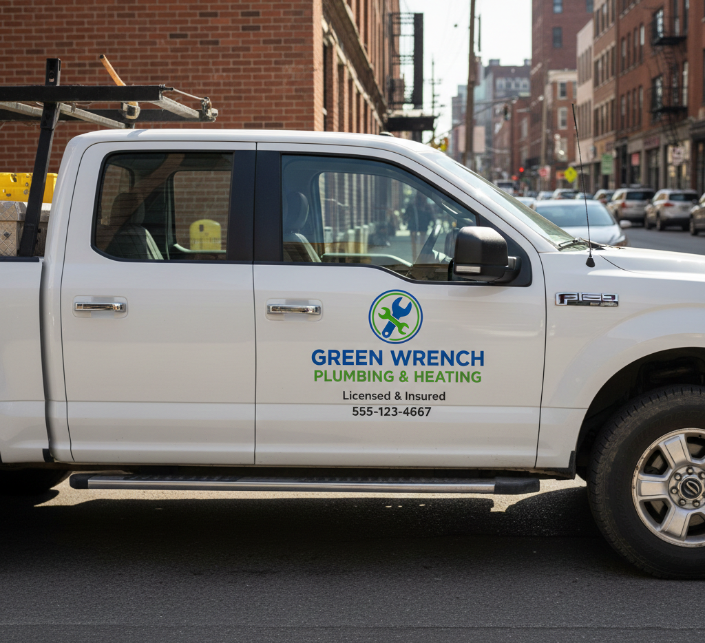White Green Wrench Plumbing & Heating truck parked on city street.