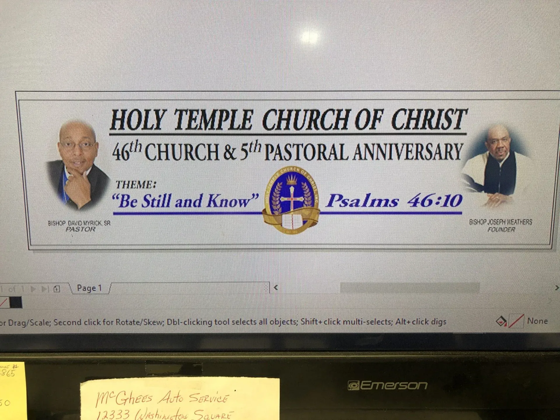 Banner for Holy Temple Church of Christ 46th Anniversary. Features photos, text, and church seal.