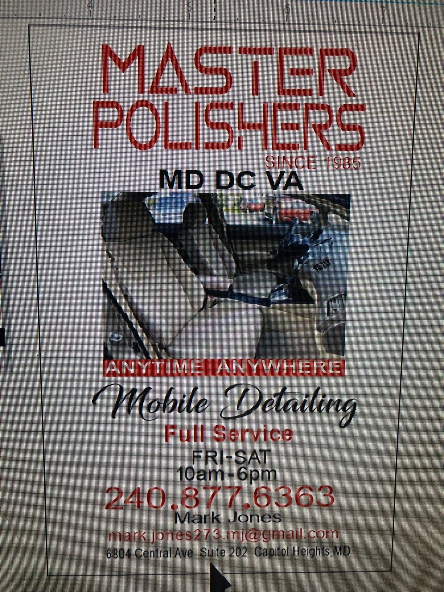 Advertisement for Master Polishers, mobile detailing service in MD, DC, and VA. Includes phone number and hours.