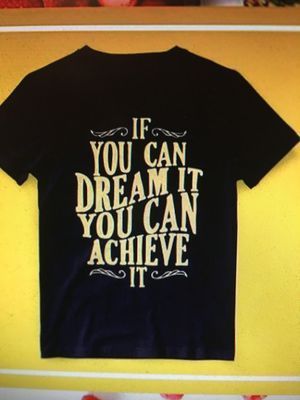 Black t-shirt with gold text: 