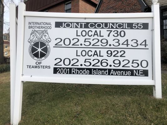 Sign for Teamsters Joint Council 55, with phone numbers and address on Rhode Island Avenue.