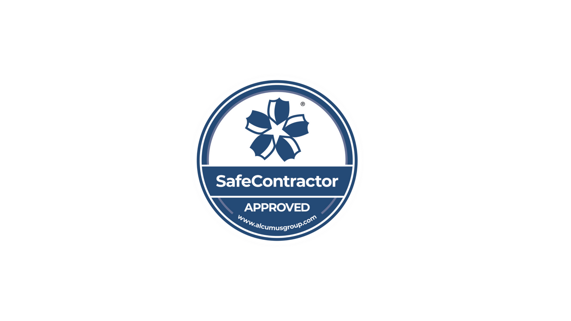 SafeContractor Approved badge: Blue and white, with a flower-like design and the text "SafeContractor APPROVED".
