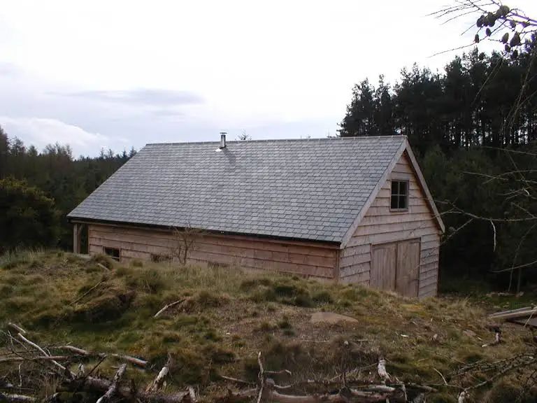 Wooden cabin with a gray shingle roof in a clearing, surrounded by trees, under an overcast sky.