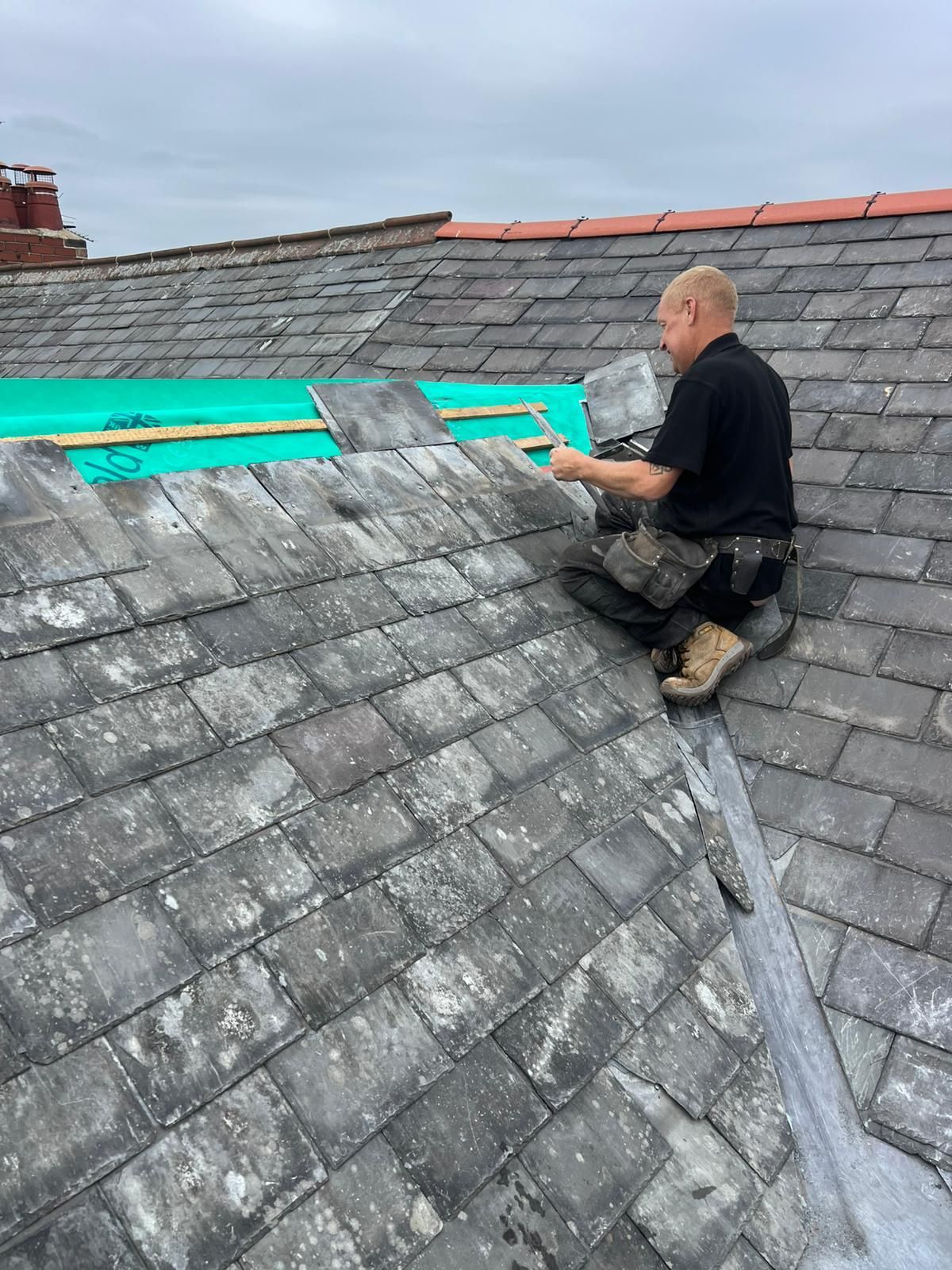 A dark gray roof with brown tiles, a gray strip along the ridge, and a cloudy sky.