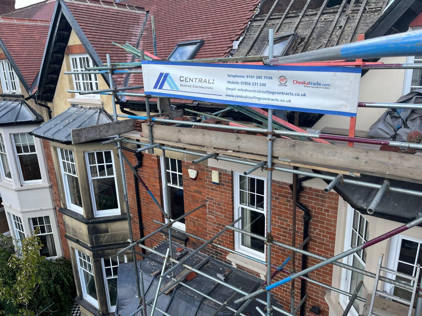 Man in aerial lift trimming tree next to a brick apartment building.
