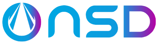 A blue and purple logo for nsd on a white background.