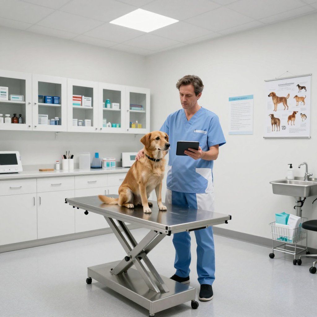 Un veterinario examina a un labrador dorado en una mesa de examen, sosteniendo una tableta en un entorno clínico.