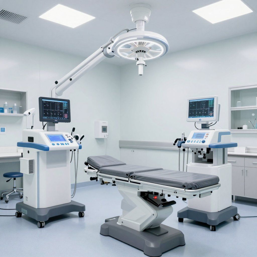 Quirófano con mesa de operaciones, equipo médico y luces de techo.