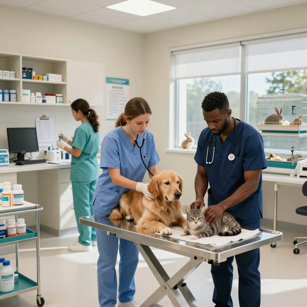 Veterinarios examinan a un golden retriever y a un gato atigrado gris sobre una mesa metálica en una clínica veterinaria. Un miembro del personal se ve al fondo.