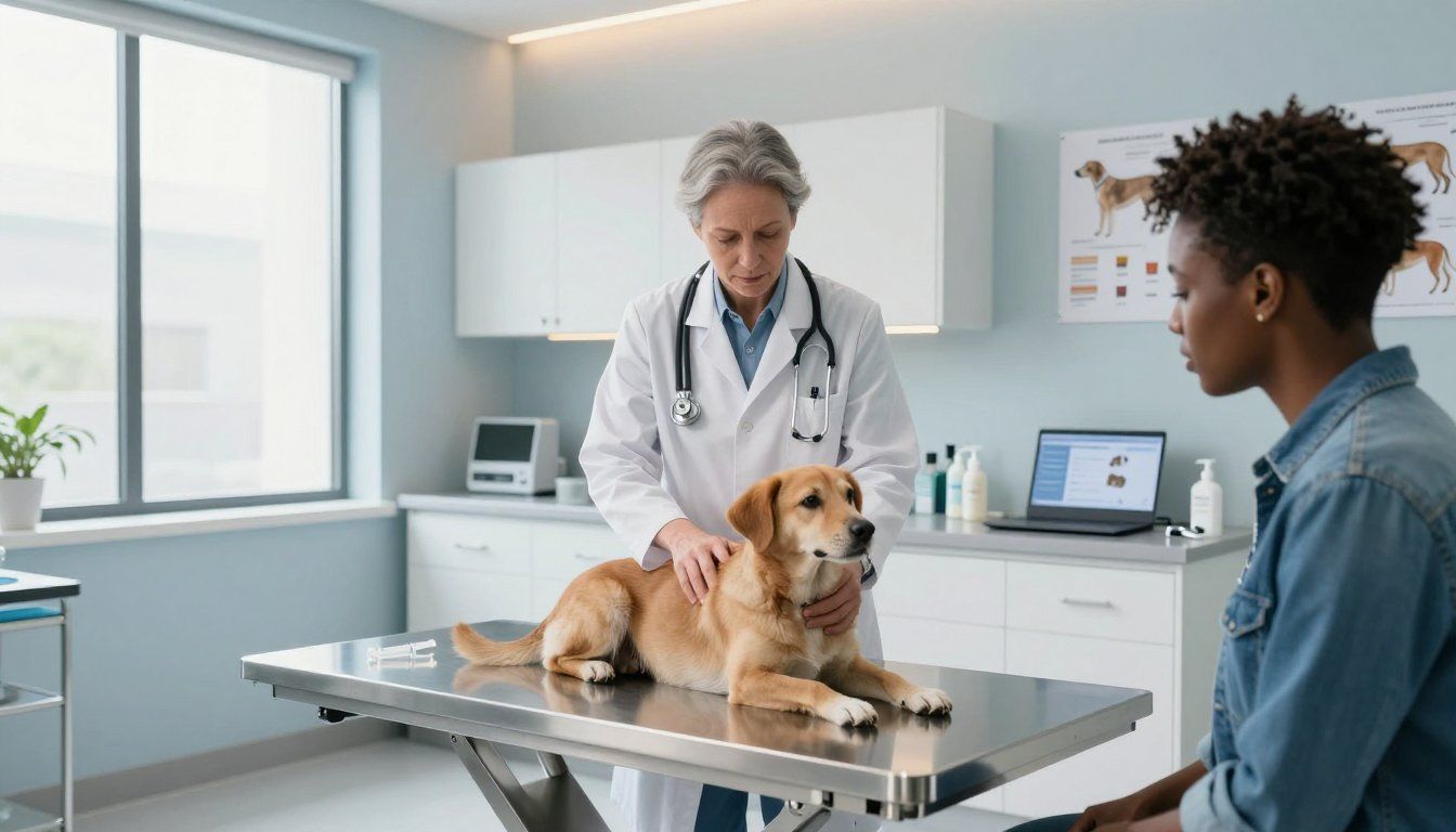 Veterinario examinando a un perro en una mesa de acero; el dueño observa. Bata blanca, estetoscopio. Habitación luminosa, portátil sobre el escritorio.