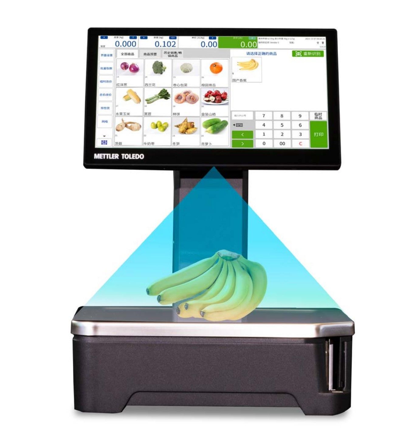 Una báscula con un monitor encima sobre un fondo blanco.