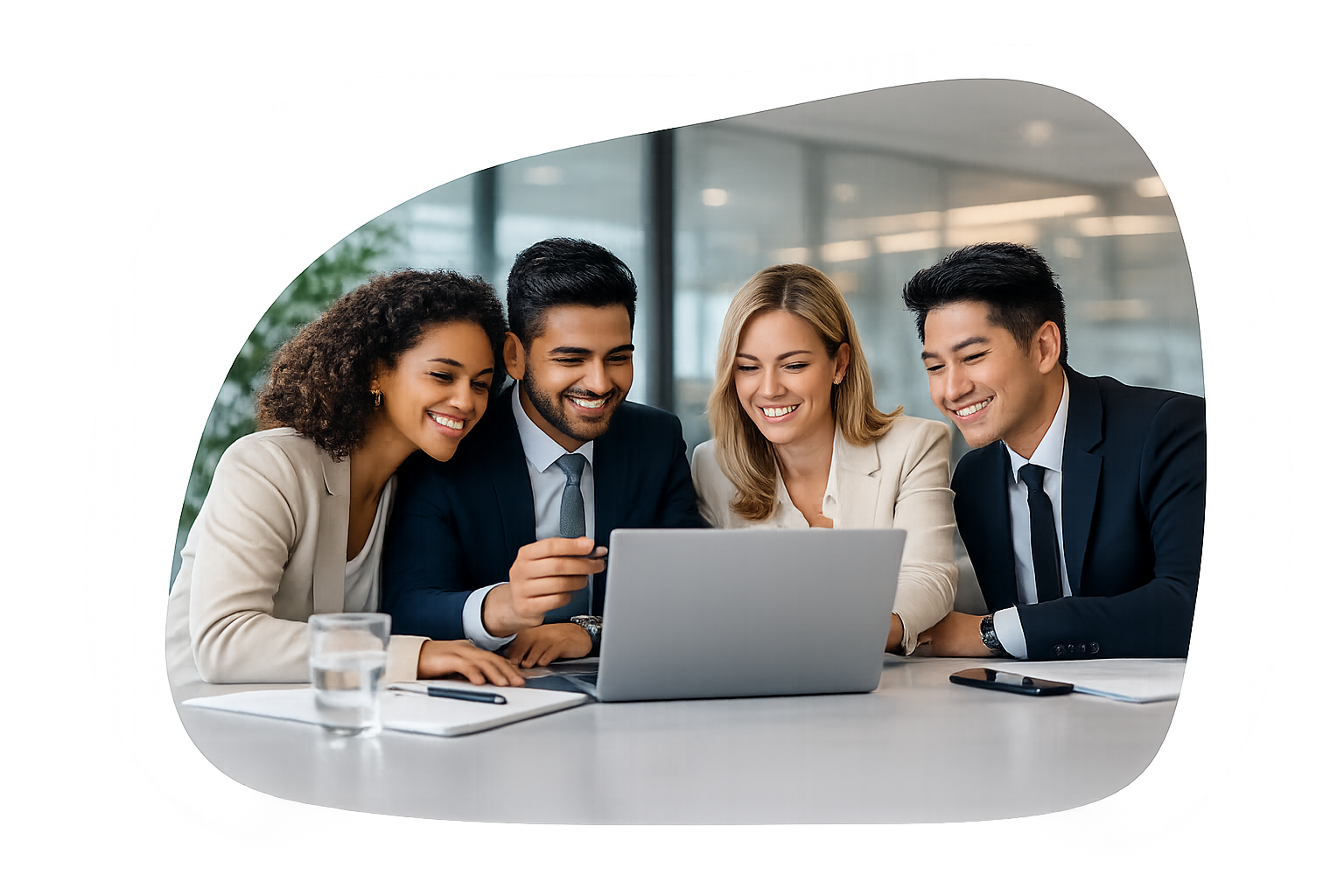 A group of people are looking at a laptop and a rocket is flying in the background.