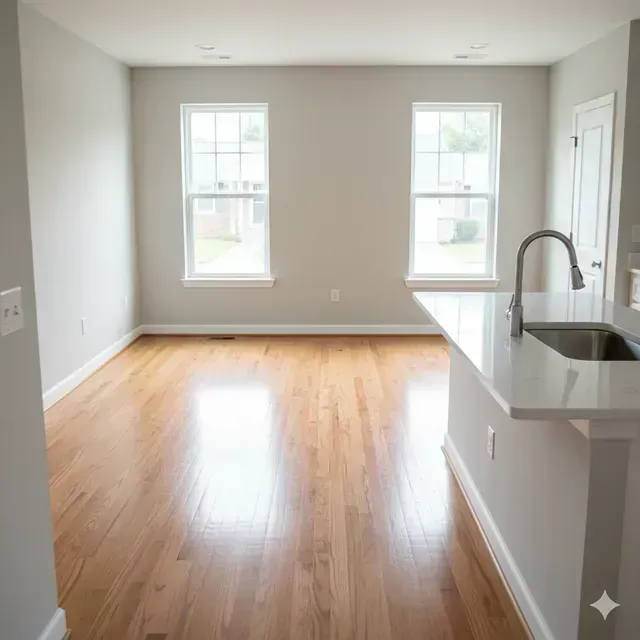 Bright empty kitchen with hardwood floors, white walls, two windows, and a white island with sink