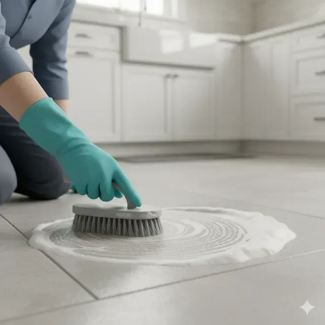 Gloved hand scrubbing soap on a tiled kitchen floor with a brush