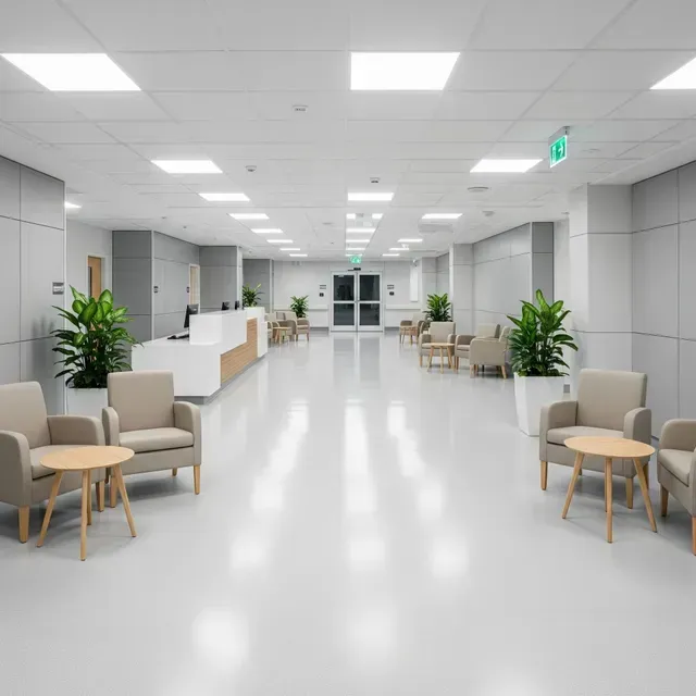 Bright, empty modern office lobby with white flooring, beige chairs, and potted plants.
