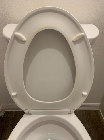 Open toilet seat and lid against a beige bathroom wall.