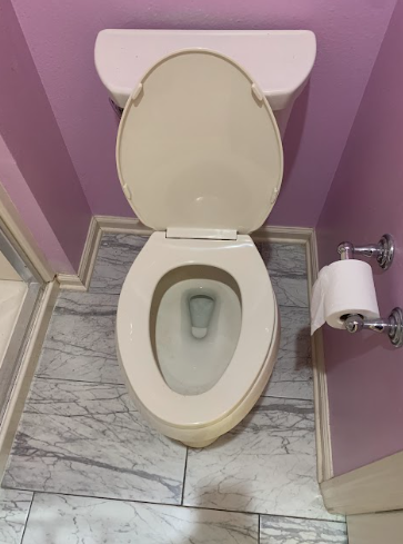 Open toilet in a pink-and-gray tiled bathroom with a toilet paper holder on the wall.