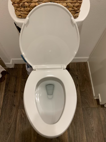 Open toilet with white seat in a small bathroom with wood-look tile floor.